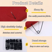 1 Set Box Of 250 Heavy Duty Safety Pins, 6 Different Sizes, Black & Silver Mixed, For Clothing And Garments - Multicolor - View 6