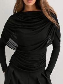 Women's Black Long Sleeve Knit Top With Contrast Mesh Draped Detail And Regular Length, Perfect For Fall - Black - View 2
