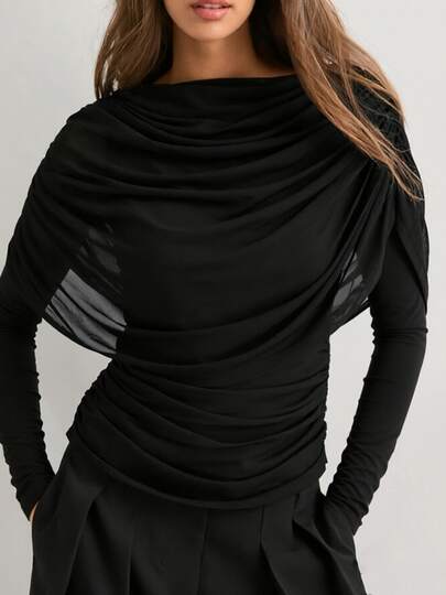Women's Black Long Sleeve Knit Top With Contrast Mesh Draped Detail And Regular Length, Perfect For Fall