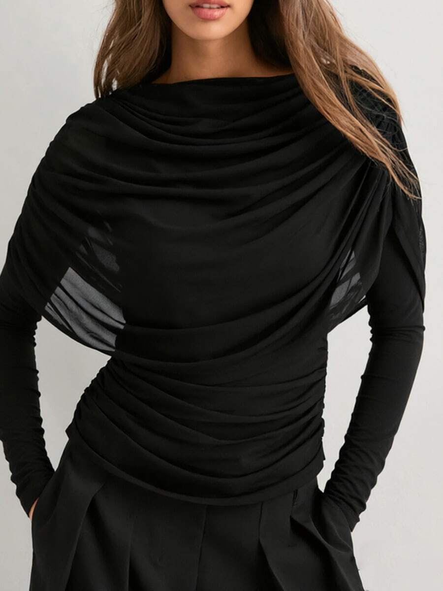 Women's Black Long Sleeve Knit Top With Contrast Mesh Draped Detail And Regular Length, Perfect For Fall