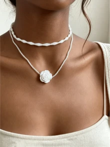 1pc Women's Vintage French Red Rose And Black Rose Flower Double Layer Necklace, Unique Design Choker Collarbone Chain - Necklace - View 11