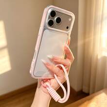 1pc Minimalist Dopamine Colorful Border Phone Case With Matching Pink Rope Accessory, Compatible With IPhone 17/17Air/17Pro/17ProMax/16/16Pro/16Plus/16ProMax/15/14/13/12 Pro Max/11, Matte Transparent Full Coverage Shockproof Anti-Drop Phone Cover - Pink 4 - View 4