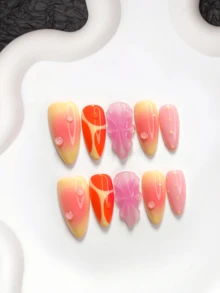 10片夏季蜜桃風手工穿戴甲，波點粉色與橘色 Poly Gel 美甲套組，甜美活力風，附美甲工具，3種尺寸可選，杏仁/鴨嘴/棺材形，適合派對、跳舞、日常配戴 - 彩色 - 查看 12