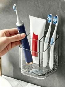 1pc Transparent Toothbrush Holder, Divided Wall-Mounted Storage Rack, Multi-Functional Bathroom Storage Accessory, Creative No-Drill Bathroom Storage Box, Used For Storing Toothbrush, Comb And Razor, Home Bathroom Decor - Clear - View 1