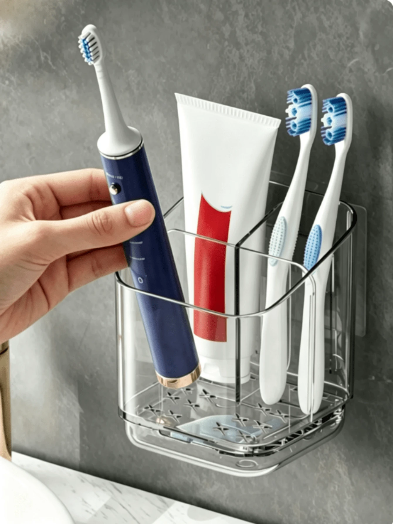 1pc Transparent Toothbrush Holder, Divided Wall-Mounted Storage Rack, Multi-Functional Bathroom Storage Accessory, Creative No-Drill Bathroom Storage Box, Used For Storing Toothbrush, Comb And Razor, Home Bathroom Decor - Clear - View 1