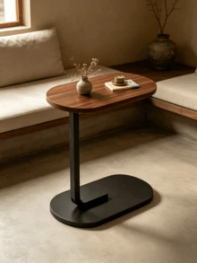 1pc Light Luxury Minimalist Oval Side Table With Thickened Iron Frame For Stable Support, Ideal As A Small Desk For Reading Nooks In Studies And A Storage Table For Sofa Gaps. - Walnut Color + Black Frame - View 1