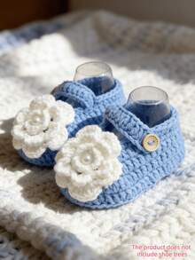 1 Pair Handmade Infant Boots, Green Crochet With White Flowers, Button Closure - Baby Blue - View 8