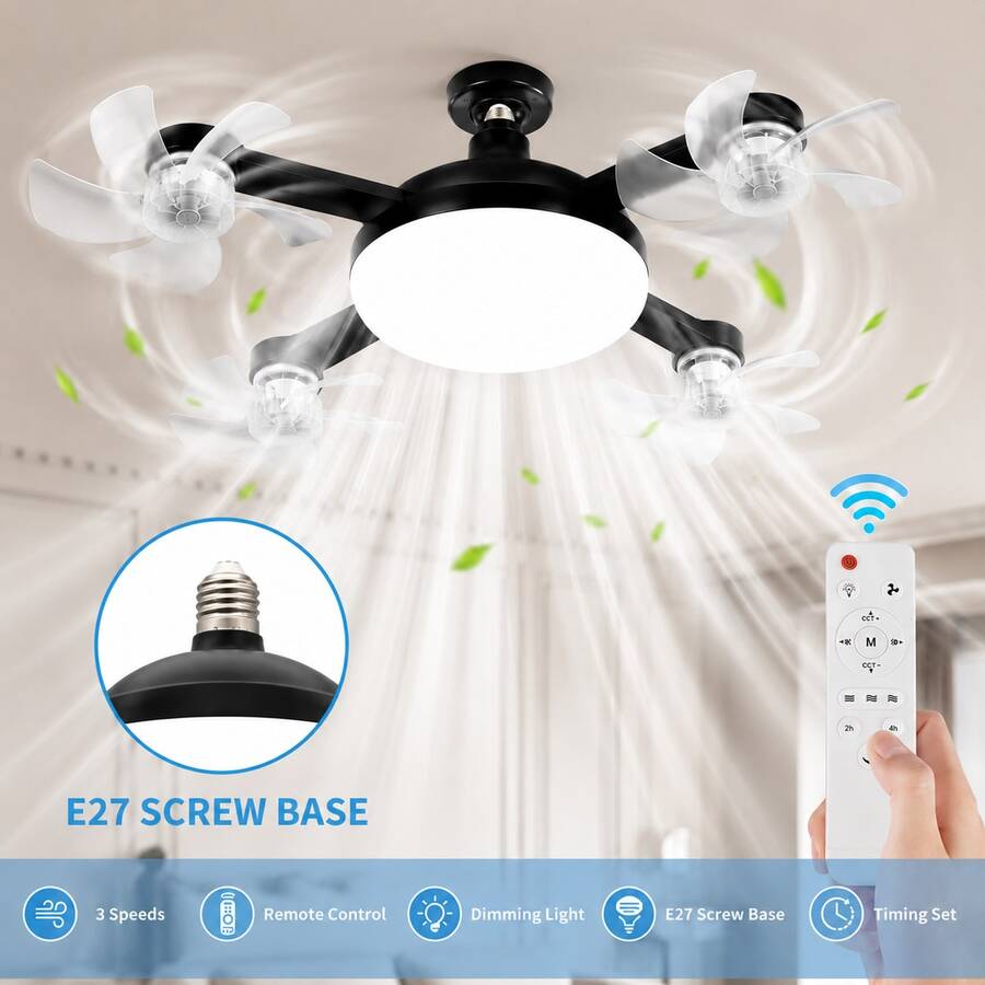 1 pieza Ventilador de luz de enchufe nuevo 2026 de 17.7/19.7 pulgadas 3 ejes/4 ejes, ventilador de techo con luz para sala de estar, dormitorio, cocina, adecuado para base de rosca E26/E27, perfecto para regalos, padres, novia, Navidad, Día de San Valentín y talla grande