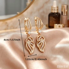 1 Pair Elegant Hollow Leaf-Shaped Cubic Zirconia Drop Earrings, Gold-Tone Bridal Wedding Dangle Earrings, Hollow Bowknot Ear Pendants, Exquisite Gift, Suitable For Women To Wear, Suitable For Weddings, Evening Parties, Balls, Fashion Jewelry, Women's Fine Accessory - Gold - View 3