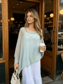 Dünner Damen-Schal-Cover-up, leichter kurzer Häkel-Cover-up, flauschige Kleid-Außenschicht mit Mesh-Ärmeln, Strandurlaub-Cover-up - Lichtblau - Übersicht 1