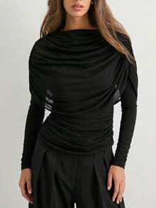 Women's Black Long Sleeve Knit Top With Contrast Mesh Draped Detail And Regular Length, Perfect For Fall - Black - View 3