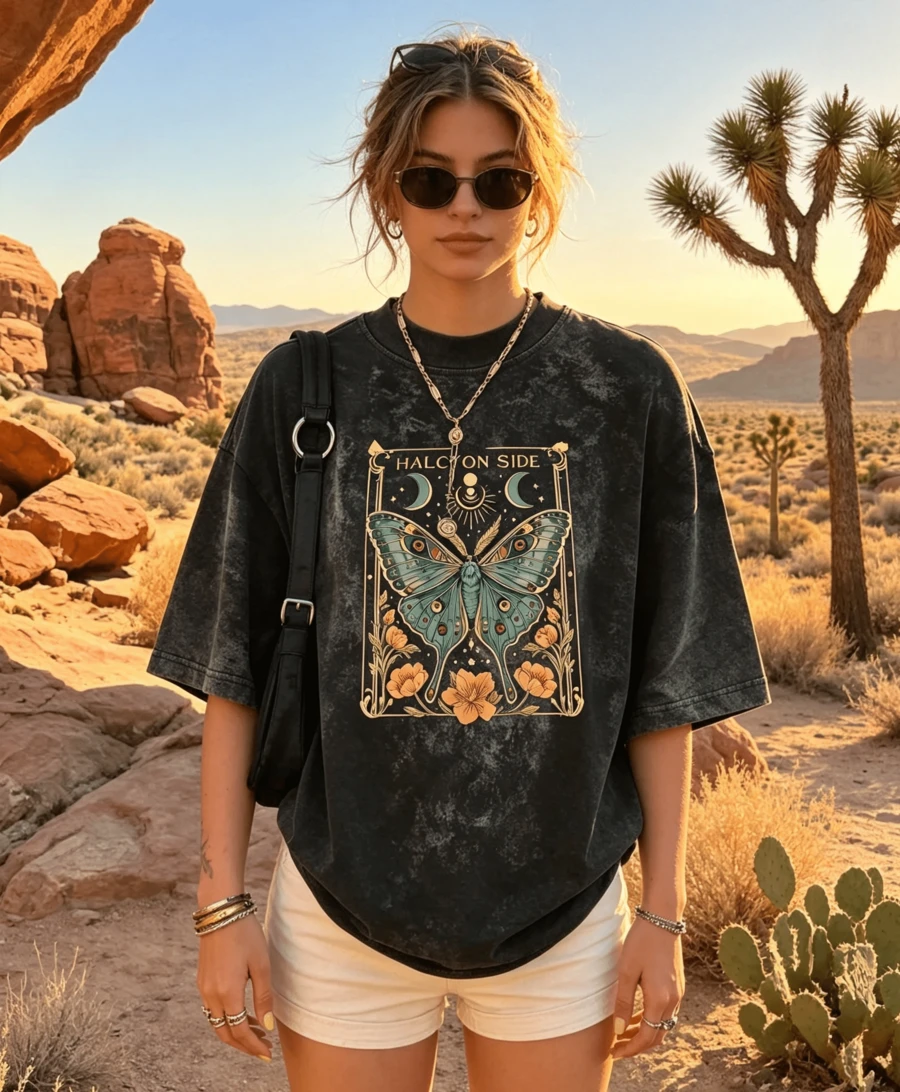 Wo Loose Fit Rundhals-Schmetterlings- und Tie-Dye-Print Kurzarm-T-Shirt, amerikanischer Retro-Stil, Frühling/Sommer Casual-Grafik-T-Shirt, Sommeroutfits für Frauen - schwarzes Top für Frauen - Schwarz - Übersicht 1