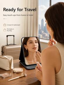 1pc New Foldable Portable High-Definition Makeup Mirror PU Leather Desktop Mirror Set, Suitable For Travel And Daily Use (Size: Large/Extra Large/Super Large) - Black - View 10