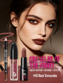 USHAS Halloween Gothic Dark Lip Makeup Set, 3-In-1 Lip Liner + Liquid Lipstick + Lipstick Makeup Set, High Pigment Matte Deep Color, Waterproof Long-Lasting Smudge-Proof, Suitable For Women's Cosplay Costume Halloween Party Stage Lip Makeup - #05 Rust Terracotta - View 4