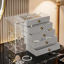 Large Capacity Jewelry Organizer Box With 5 Drawers And Necklace Hooks, Transparent Dustproof Display Case With Gold Knobs For Rings, Earrings, Bracelets And Necklaces, Gray - Multicolor - View 1