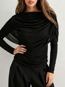 Women's Black Long Sleeve Knit Top With Contrast Mesh Draped Detail And Regular Length, Perfect For Fall - Black - View 4