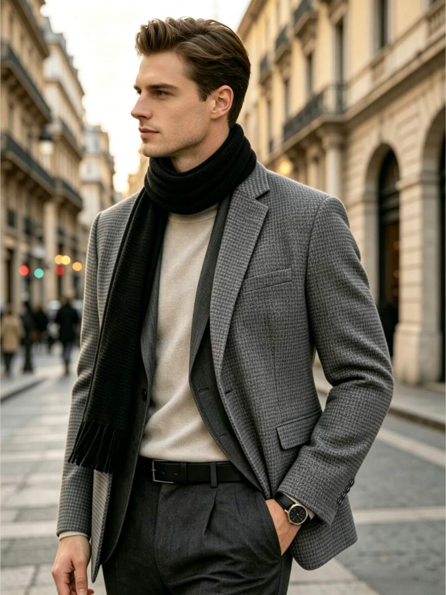 Men's Grey Houndstooth Tweed Suit Jacket, Wool Blend, Slim Fit, Single Breasted, Winter Blazer - Dark Grey - View 1