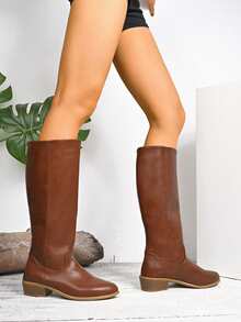 Women's Plus Size New Solid Color Western Style Side Zipper Holiday Tall Boots - Light Brown - View 5