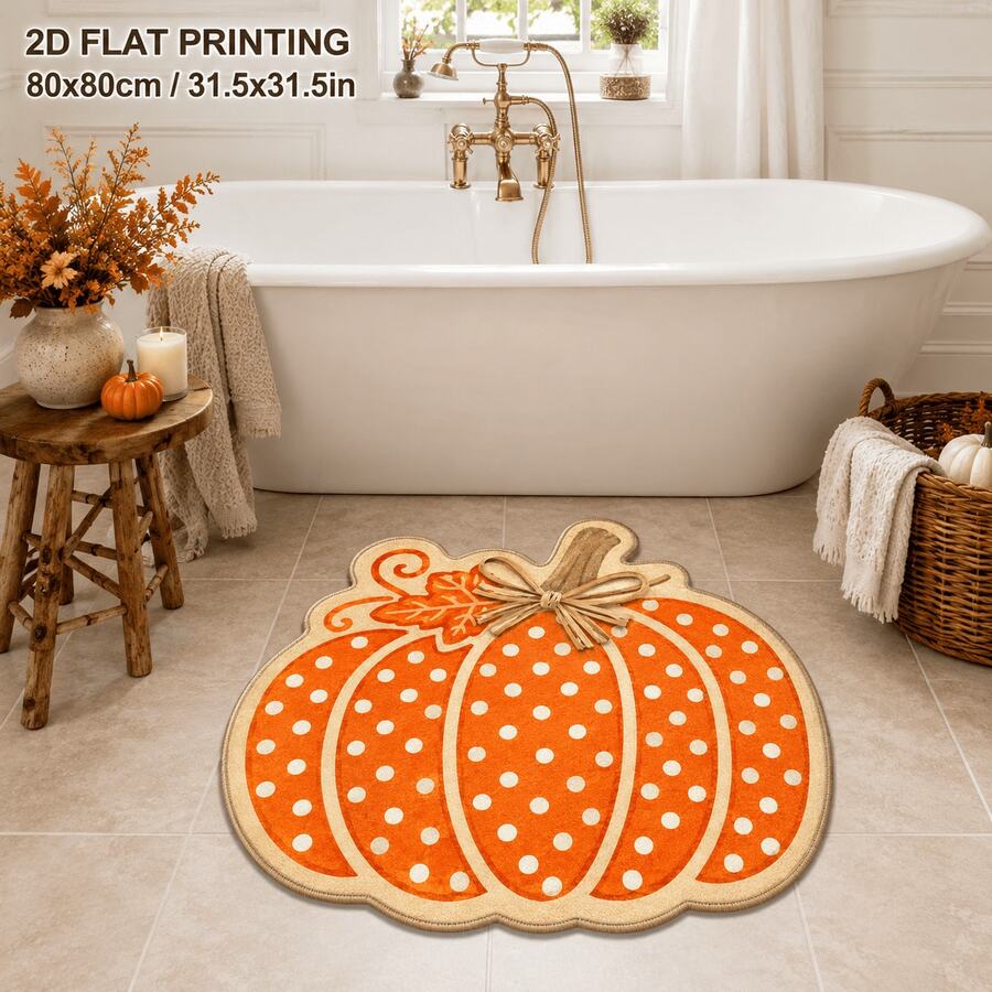 1pc Polka Dot Pumpkin Shaped Rug, Orange Warm Polka Dot Design, 2D Printed, Suitable For Bathroom, Entryway Mat, Kitchen, Bedroom Bedside, Living Room Fireplace, Halloween Decoration. Short Velvet Material, Shaped Size, Cutting Error 1-5cm - A - View 1