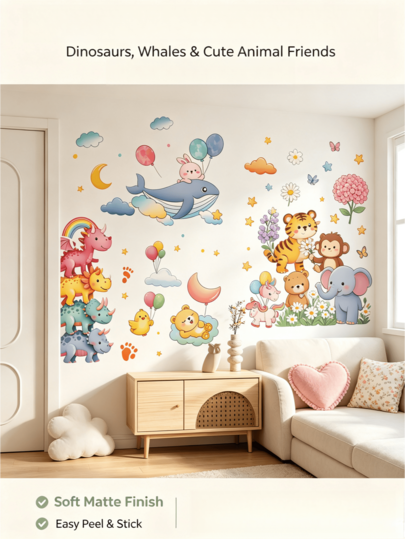 Dreamy Cartoon Animal Series Removable Wall Stickers, Stacked Dinosaur Balloon Cute Pet Bouquet Animals, Multiple Styles Available, Waterproof PVC Self-Adhesive Decals For Bedroom, Living Room, Study, Kindergarten, DIY Nordic Style Playful Home Decor
