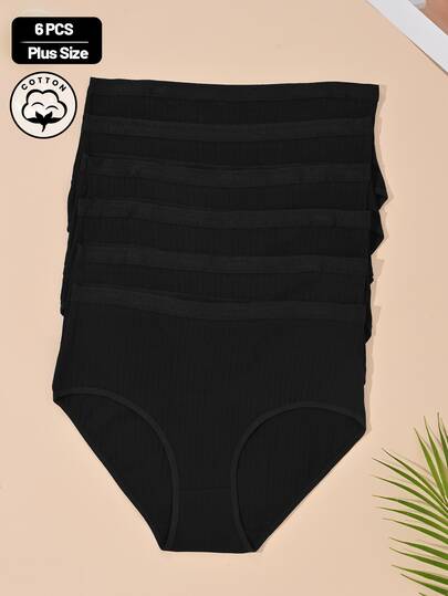 Teowryxou 6pcs Plus Size Women's Cotton Ribbed High Waist Panties, Solid Color, Soft & Breathable, Stretchy, Daily Wear Essential