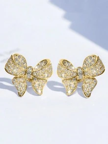 1 par de pendientes con lazo de cobre incrustado con circonita cúbica para el Día de San Valentín - Amarillo Oro - Ver 5