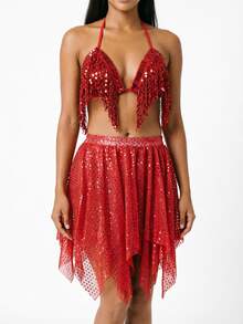 Sequin Fringe Triangle Halter Crop Top, Irregular Handkerchief Hem Sequin Mesh Mini Skirt For Rave Party & Stage Performance - Multicolor - View 5