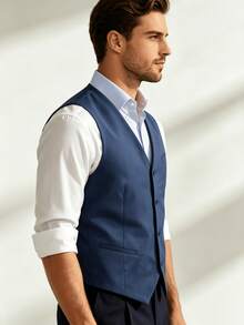 Men's Suit Vest, Men's Slim Fit V-Neck Sleeveless Jacket - Solid Color Non-Stretch Fabric, Versatile For Office And Casual Wear, Single-Size Button - Royal Blue - View 2