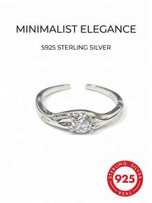 1pc Adjustable Silver Sterling Micro-Inlaid Zirconia Stone Ring, Minimalist & For Women - Silver - View 1