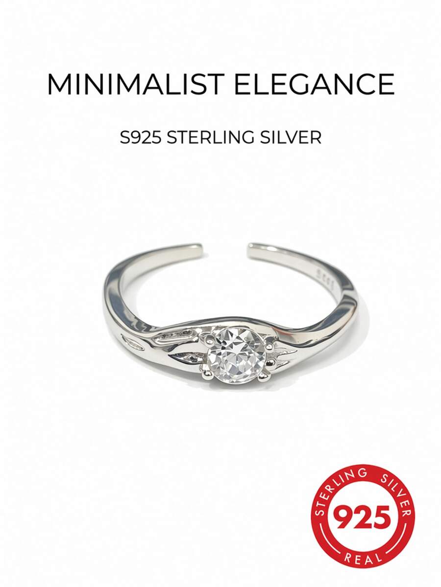 1pc Adjustable Silver Sterling Micro-Inlaid Zirconia Stone Ring, Minimalist & For Women - Silver - View 1