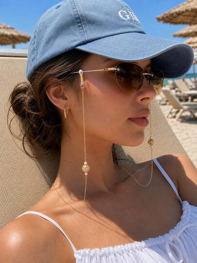 1pc Bohemian Style Gold Rhinestone Hollow Ball Decor Glasses Chain, Pearl Round Bead Decor Women's Fashion Glasses Hanging Chain, Suitable For Summer Beach Vacation, Travel Photography, Party, Daily Outfit Accessory, Seaside Styling Travel Style (Glasses Not Included)