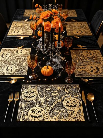1-4pcs Gold Pumpkin Skull Placemats, American Halloween Style PVC Hollow Round Spider Web Branch Pumpkin Head Shape Heat-Resistant Placemats, Suitable For Halloween Theme Bar / Holiday Party Dining Table