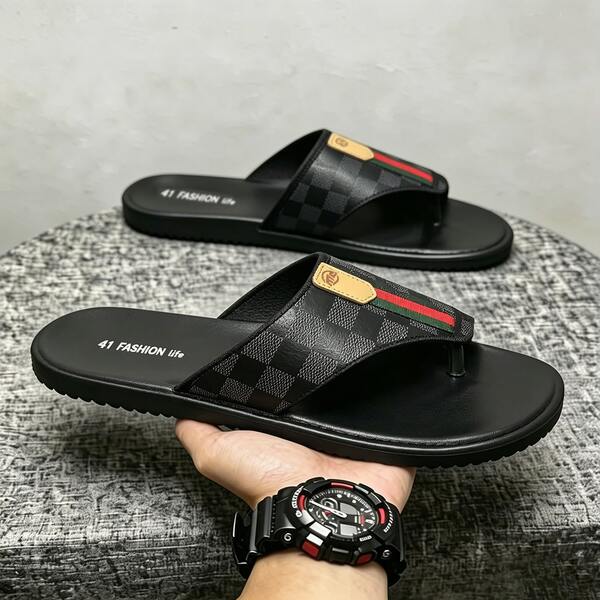 Men's Flip Flop Sandals, Summer Fashion Black Plaid Red Green Woven Strap Flat Slippers, Outdoor Casual Beach Seaside EVA Material