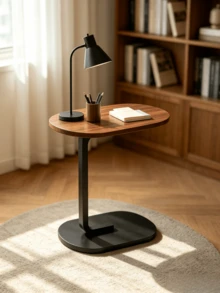 1pc Light Luxury Minimalist Oval Side Table With Thickened Iron Frame For Stable Support, Ideal As A Small Desk For Reading Nooks In Studies And A Storage Table For Sofa Gaps. - Walnut Color + Black Frame - View 5