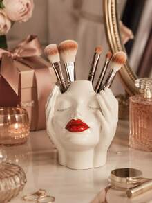 1pc Resin Face Makeup Brush Holder, Artistic Female Head Cosmetic Organizer With Red Lips, Decorative Vanity Storage For Makeup Brushes, Beauty Tools & Pens, For Dressing Table, Bedroom, Bathroom Counter, Office Desk, Home Decor, Gift For Women - New Product - View 1