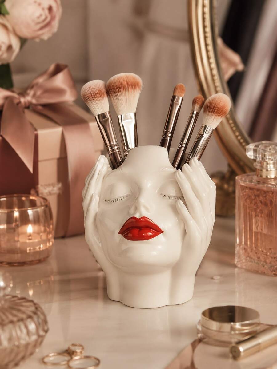 1pc Resin Face Makeup Brush Holder, Artistic Female Head Cosmetic Organizer With Red Lips, Decorative Vanity Storage For Makeup Brushes, Beauty Tools & Pens, For Dressing Table, Bedroom, Bathroom Counter, Office Desk, Home Decor, Gift For Women - New Product - View 1