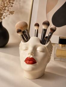 1pc Resin Face Makeup Brush Holder, Artistic Female Head Cosmetic Organizer With Red Lips, Decorative Vanity Storage For Makeup Brushes, Beauty Tools & Pens, For Dressing Table, Bedroom, Bathroom Counter, Office Desk, Home Decor, Gift For Women - New Product - View 7