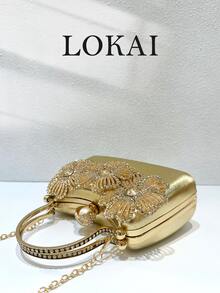 1pc Luxury Gold 3D Floral Rhinestone & Pearl Embellished Hard Shell Evening Clutch Bag, Vintage PU Leather Top Handle Formal Bag For Wedding, Party, Banquet, Women's Elegant Gift Bag - Multicolor - View 5