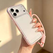 1pc Minimalist Dopamine Colorful Border Phone Case With Matching Pink Rope Accessory, Compatible With IPhone 17/17Air/17Pro/17ProMax/16/16Pro/16Plus/16ProMax/15/14/13/12 Pro Max/11, Matte Transparent Full Coverage Shockproof Anti-Drop Phone Cover - Pink 4 - View 3