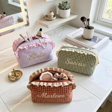 Personalized Plaid Makeup Bag, Ruffle Edge Cosmetic Bag, Customized Name Toiletry Bag, Bridesmaid Gift Travel Makeup Organizer Bag - Multicolor 1 - View 7