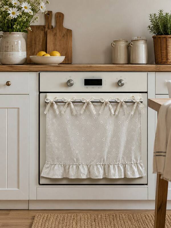 1pc Japanese Style Ruffle Half Curtain For Oven, No-Drill Tie-Up Sink Curtain, Kitchen Cabinet Cover Decorative Fabric Curtain (Size 76*54cm)