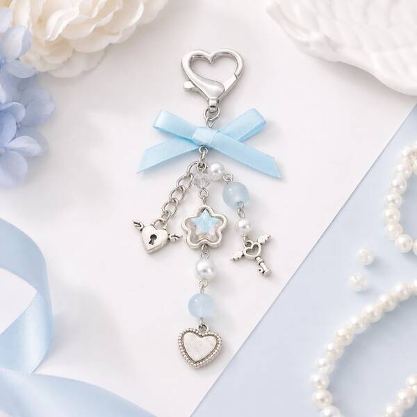 1pc Milk Blue Satin Bow Bag Charm, Iridescent Glitter Star Angel Heart Lock Key Pendant, Light Blue Beaded Keychain, Commuter Bag Decoration, Thoughtful Small Gift For Girls