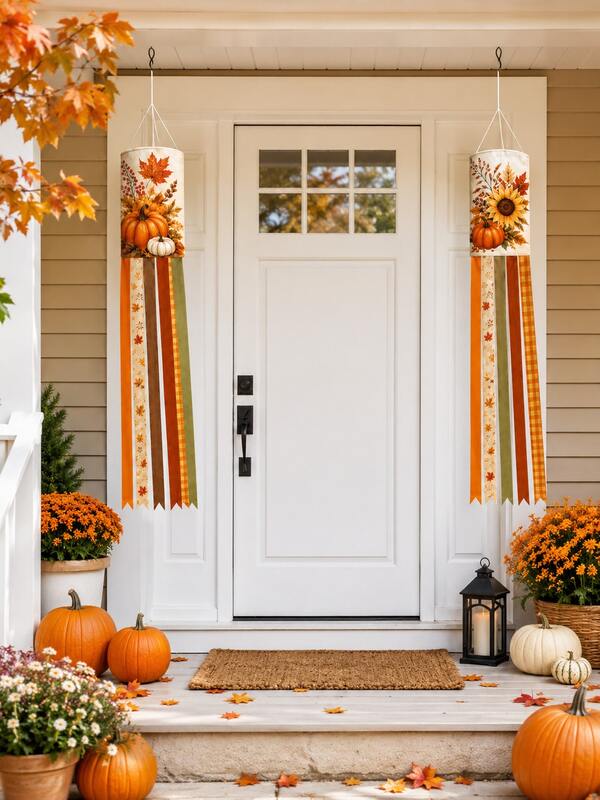 2pcs-Fall Harvest Pumpkin Sunflower Windsock Flag, Maple Leaf Plaid Stripe Hanging Wind Sock, Autumn Outdoor Yard Front Porch Tree Hanging Banner For Thanksgiving Home Farmhouse Decor