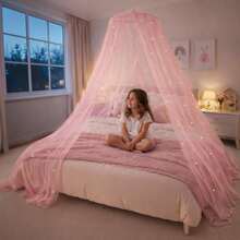 1Set Pink/Purple/Colorful/White/Blue Bed Canopy For Girls With Glowing Stars ,Baby/Children's Christmas Gifts,Canopy Bed Curtains | Fits Single, Twinr - Pink - View 2