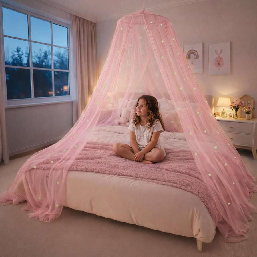 1Set Pink/Purple/Colorful/White/Blue Bed Canopy For Girls With Glowing Stars ,Baby/Children's Christmas Gifts,Canopy Bed Curtains | Fits Single, Twinr