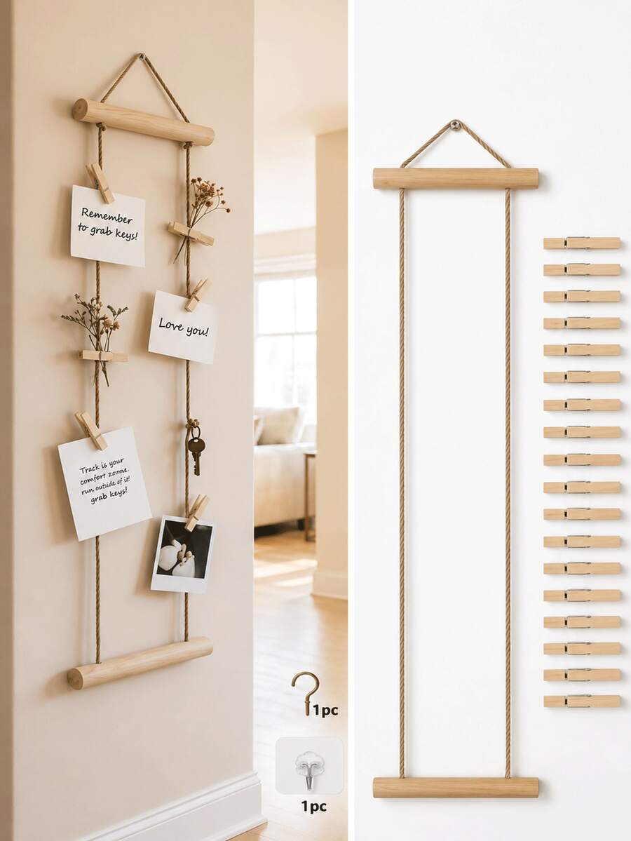 1 Set Wooden Photo Hanging Rope Clip Set (1 Display Rack + 15 Clips + 1 Metal Hook + 1 Traceless Hook) Photo Display Rack No Drilling Space-Saving Dorm Bedroom Desk Wall Decoration - Multicolor - View 1