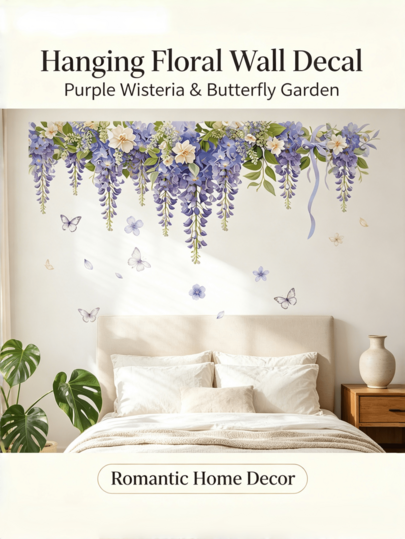 Watercolor Hanging Vine & Floral Series Removable Wall Decals, Wisteria Dahlia Cherry Blossom Multiple Styles, Waterproof PVC Self-Adhesive Stickers For Door Frame Waistline Bedroom Entryway B&B French Spring Butterfly DIY Girly Home Decor