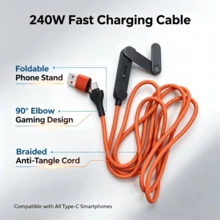 240W Data Cable, USB-A/USB-C To Type-C 5A PD Fast Charging Cable With Built-In Phone Stand, Gaming-Friendly, Essential For Outdoor, Car And Home Use, Compatible With IPhone 15/16/17, , , - Orange - View 3