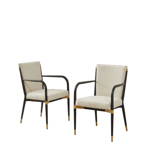 Set Of 2 Modern Dining Chairs With Armrests, Upholstered Dining Chairs In Scandinavian Style, Black Frame And Gold Accents, Cream-Colored Fabric Cushion For The Dining Table - Beige - View 1