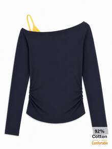 Women's Y2K American Retro Collegiate Style 05 Number Badge Print One-Shoulder Long Sleeve Fitted T-Shirt, Contrast Color Camisole 2 In 1 Side Ruched Streetwear Autumn Top - Navy - View 3